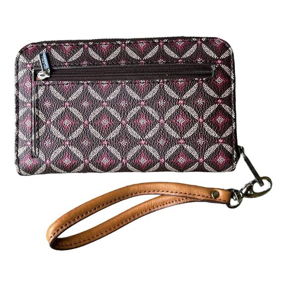 Fossil Leather Clutch Wallet Zip Around Brown Burgundy Purple Geometric EUC 6.5" - Picture 1 of 8
